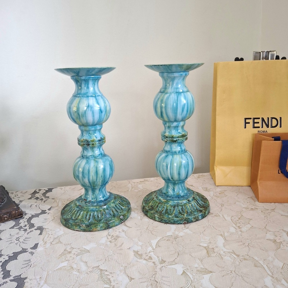 Pier 1 Vtg Discontinued Turquoise Metal Candle Holder Pier One Imports Set Of 2
